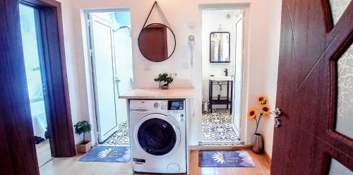 a washing machine in a room with a mirror at Къща за гости Веселина - Ивайловград in Ivaylovgrad