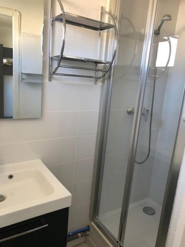 une salle de bain avec douche et lavabo dans l'établissement Appartement T2 face a l etang sans vis a vis, à Marseillan