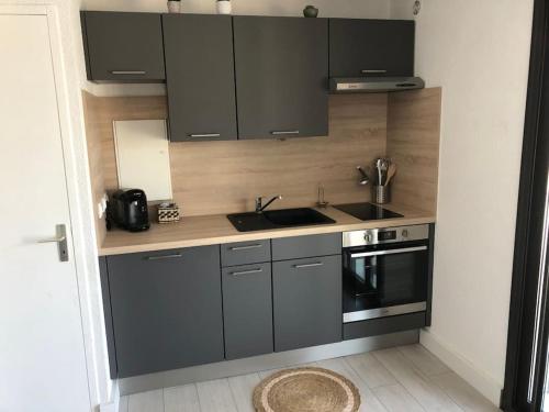 - une cuisine avec des placards noirs, un évier et une cuisinière dans l'établissement Appartement T2 face a l etang sans vis a vis, à Marseillan