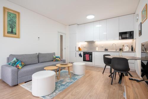 ブルノにあるNew apartment near the centre of Brnoのソファとテーブルとキッチンのあるリビングルーム