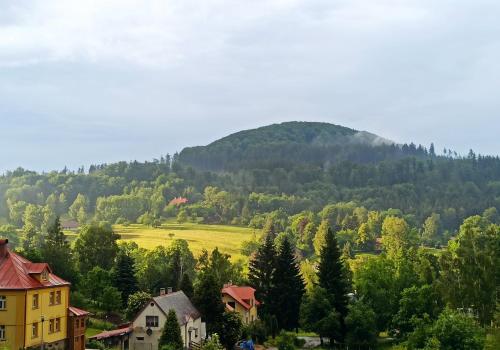 a village with a mountain in the background at Pension Helene s mini pivovarem in Kytlice