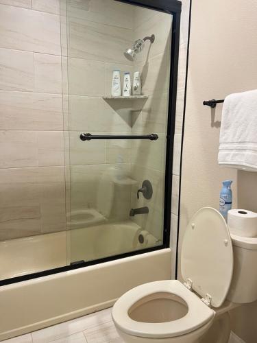 ein Badezimmer mit Toilette und Glasdusche in der Unterkunft 30Min To SouthTahoe 3BD Parking in Carson City