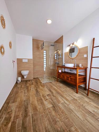 a bathroom with a sink and a toilet and a mirror at L'Anse des Baleines, Vue panoramique sur l'océan, Piscine & Confort 4 étoiles in Petite Île