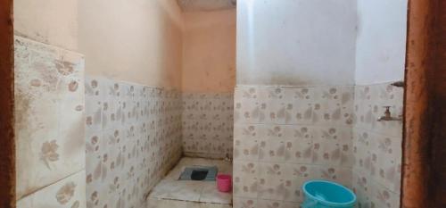 a bathroom with a shower with a blue bucket at Ganga niwas in Prayagraj
