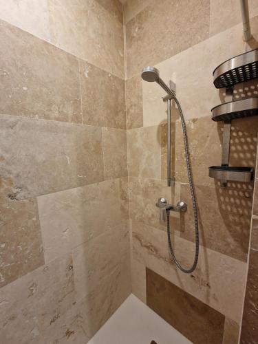 une douche avec pommeau de douche dans une salle de bain dans l'établissement Studio neuf climatisé wifi 27m2, à Oullins