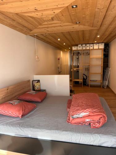 deux lits dans une chambre avec plafonds en bois dans l'établissement Appartement family, à Taninges