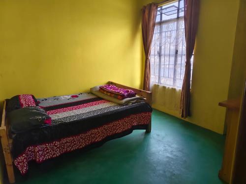 a room with a bed in a yellow room with a window at itynnad homestay in Shillong