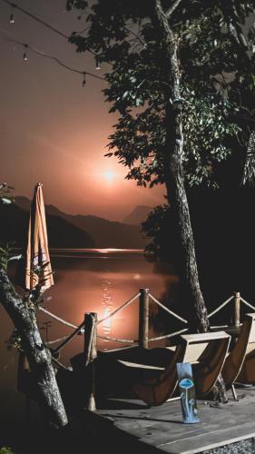 a view of a lake with a tree and a bench at Tropical Escape - Patal Eco Villas in Rānīpauwa