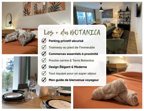 un collage de photos d'une chambre avec un panneau dans l'établissement T3 Moderne - Proche tram - Parking privé, à Angers