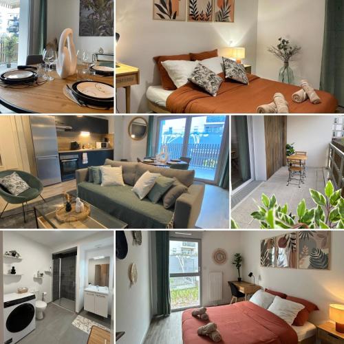 un collage de photos d'un salon et d'une chambre dans l'établissement T3 Moderne - Proche tram - Parking privé, à Angers
