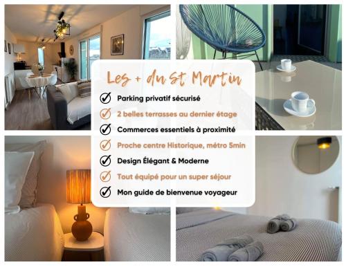 un collage de photos d'une chambre dans l'établissement Les Terrasses de Saint Martin, à Rennes