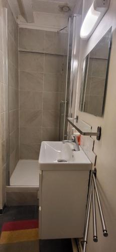 La salle de bains est pourvue d'un lavabo et d'une douche avec baignoire. dans l'établissement Cozy studio Clichy Levallois, à Clichy
