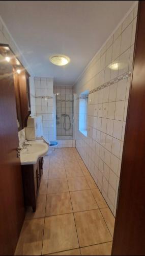 a bathroom with a sink and a toilet and a shower at Zimmer am See mit Zugang in Zeuthen