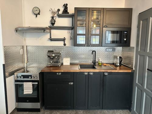 a kitchen with black cabinets and a sink at Penzio Ostrava in Ostrava