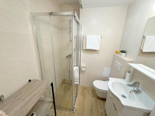 a bathroom with a shower and a toilet and a sink at Lea - sea&city view Apartment with Terrace in Dubrovnik