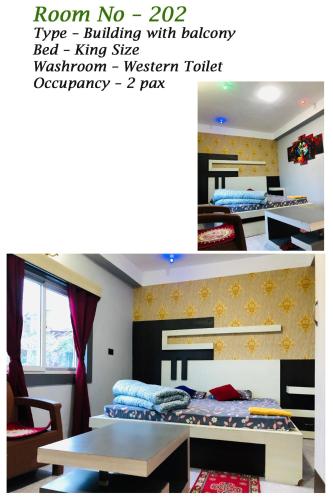 SuryodayaにあるHotel Green Carpetのベッドと机とテーブルのある寝室