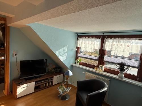 Una televisión o centro de entretenimiento en Schöne Ferienwohnung im Erholungsort Sternberg