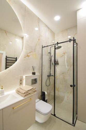 a bathroom with a shower and a toilet and a sink at Vilniaus 99 Apartamentai in Šiauliai