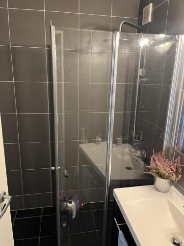 a shower with a glass door in a bathroom at Trondheim in Trondheim