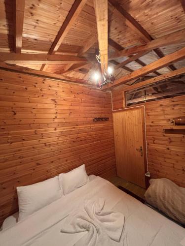 a bedroom with a bed in a wooden wall at To XYLINO in Áno Potamiá