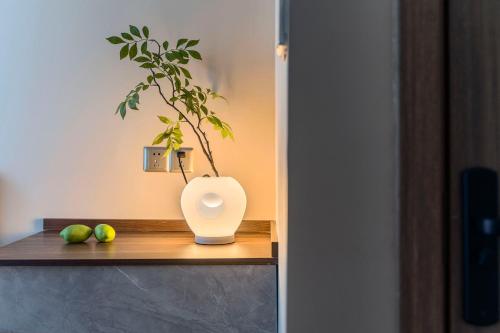 a plant in a white vase on a wooden shelf at Ziggy Hotel in Changsha