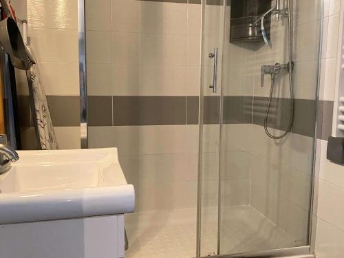 une douche avec une porte vitrée à côté d'un lavabo dans l'établissement Studio rénové avec parking et wifi à Balaruc-les-Bains - FR-1-553-113, à Balaruc-les-Bains
