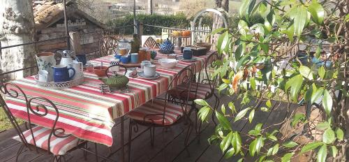 une table avec une nappe à rayures rouges et blanches dans l'établissement la maison d'Anna chambres d hôtes, à Ganac