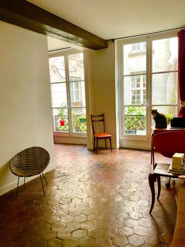 un chat assis dans une pièce avec deux fenêtres dans l'établissement Bel appartement ancien sur cour verdoyante, à Paris