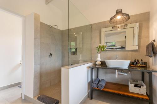 a bathroom with a sink and a shower at Forest Valley Cottages in Knysna