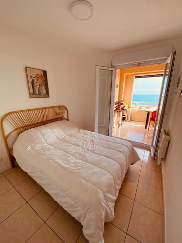 une chambre avec un lit avec vue sur l'océan dans l'établissement BEACH apartment 4 people, à Canet