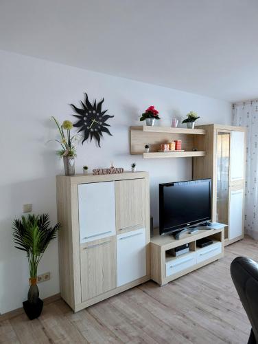 a living room with a tv and a wooden entertainment center at Ferienwohnung Jansen in Kirchhundem