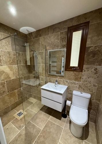 une salle de bain avec toilettes, douche et lavabo dans l'établissement Modern 2 Bed Bungalow situated in Rives Villereal, à Rives