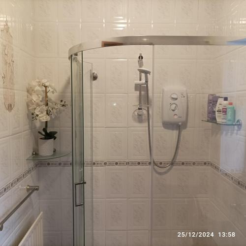 a shower with a glass door in a bathroom at Welcome to Tunmobi Villa, its home away from home. in Ballyjamesduff