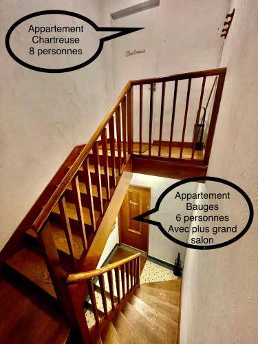 an overhead view of a wooden staircase with two signs at Les Balcons de Chambéry in Chambéry