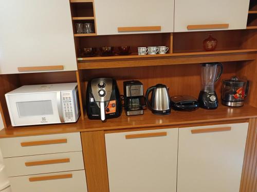 a kitchen with a microwave and appliances on a counter at Meu canto em Lumiar in Nova Friburgo