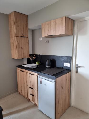 une cuisine avec des armoires en bois et un réfrigérateur blanc dans l'établissement Appartement au cœur des vignes, à Chaintré