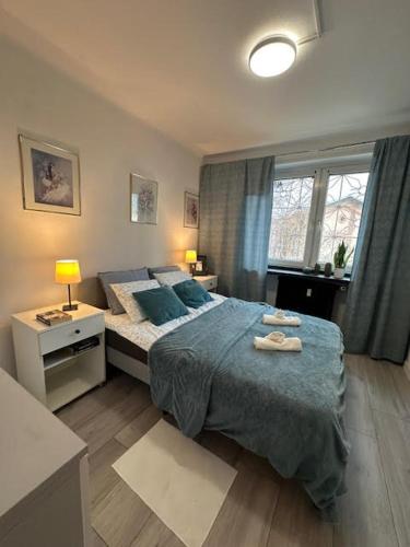 a bedroom with a large bed with blue pillows at Przy Stawikach in Sosnowiec