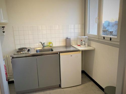 une petite cuisine avec un évier et une fenêtre dans l'établissement Appartement double 5 à Limoges, à Limoges
