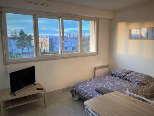 une chambre avec un lit, une télévision et des fenêtres dans l'établissement Appartement double 5 à Limoges, à Limoges