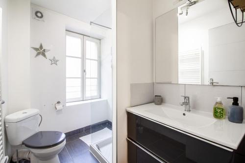 une salle de bain avec un lavabo, des toilettes et un miroir dans l'établissement Sweet-Orbs proche gare, centre ville, à Metz