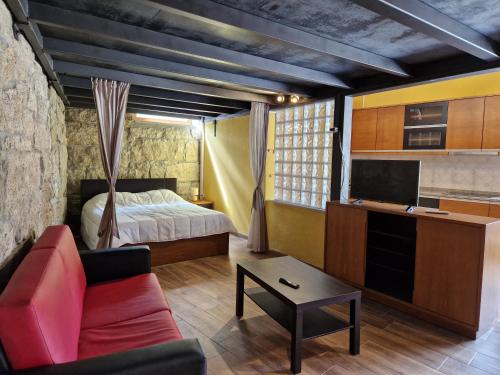 a room with a bed and a couch and a tv at Moinhos da Pereira - Turismo Rural in Tarouca