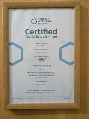 a picture of a certificate in a picture frame at Parkwood House in Dungannon