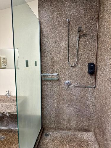 a bathroom with a shower with a glass door at Ardour Lodge "B" Wing in George Town
