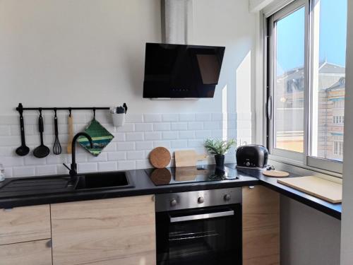 a kitchen with a sink and a stove at Appartement centre ville avec parking privatif in Dijon