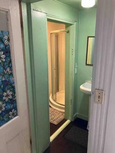 a bathroom with a shower and a toilet and a sink at Easy UW, Downtown Access in Seattle
