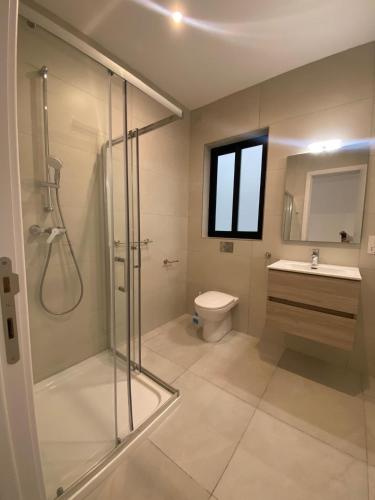 a bathroom with a shower and a toilet and a sink at Swieqi Malaika New Apt 1 with COURTYARD in Is-Swieqi