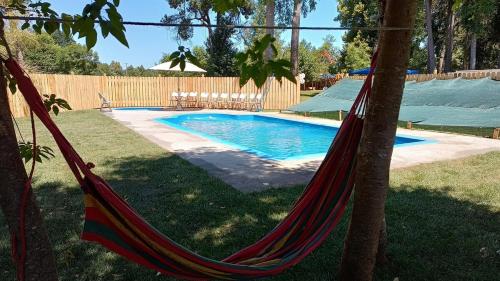 a hammock in a yard next to a swimming pool at Cabaña con tinaja más hidromasaje in Temuco