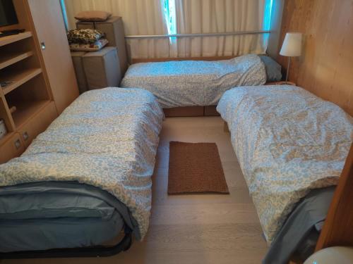 two twin beds in a small room with a rug at Sole Alto 85 in Mezzana