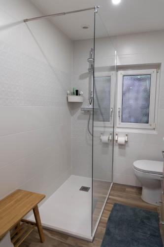 une salle de bain avec une douche en verre et des toilettes dans l'établissement L'Orée des Thermes, à Niederbronn-les-Bains