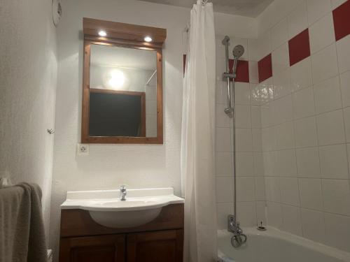 une salle de bain avec un lavabo, un miroir et une douche dans l'établissement Appartement Samoëns, à Samoëns
